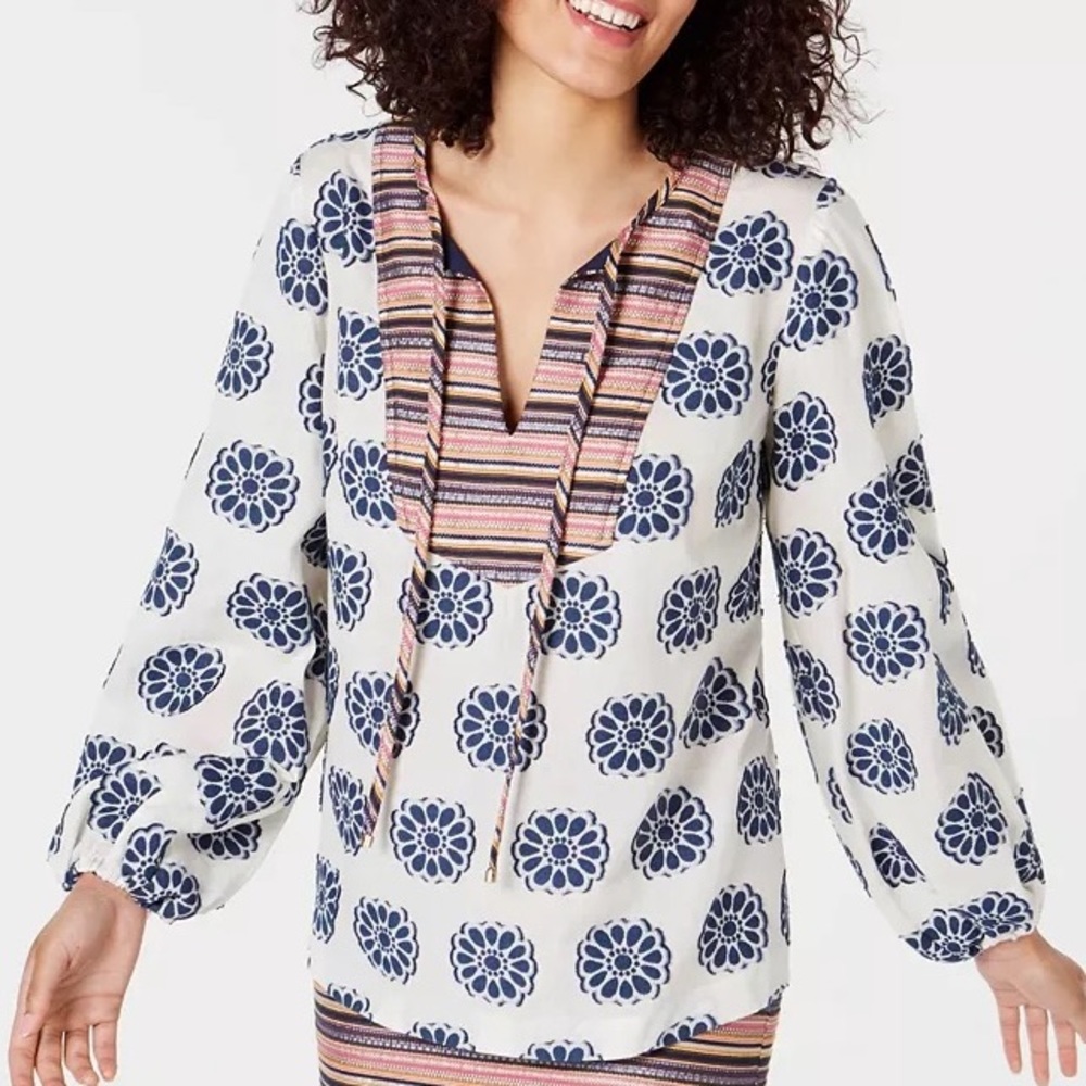 Trina Turk Damas Embroidered Cotton Mixed-Print Split-Neck Top